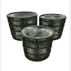Kurve pottest i grn rattan flet st med 3 stk