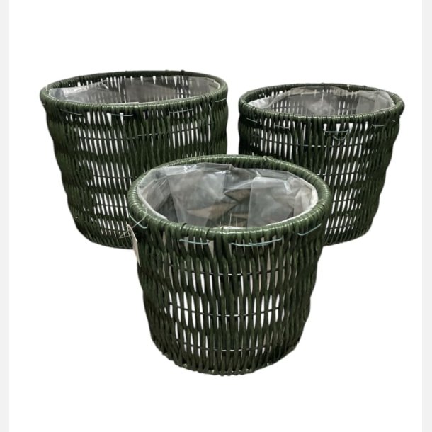 Kurve pottest i grn rattan flet st med 3 stk